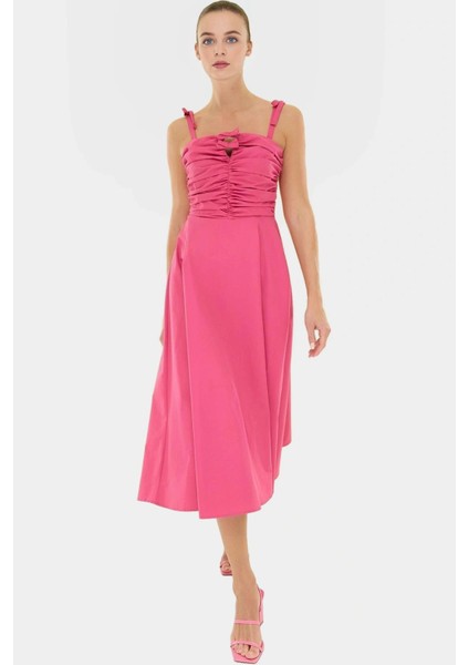 Cool&comfort Polyester Maxi Elbise A Kesim Kalp Yaka Dokuma Kumaş Mükemmel Uyum