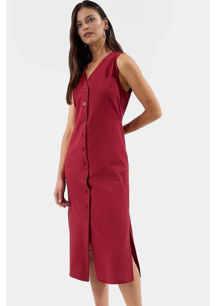 Keten Karışımlı Kolsuz Midi Gömlek Elbise Yazlık Şıklık Rahat ve Şık Trend Tasarım
