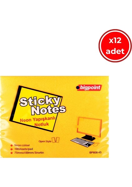 Yapışkanlı Not Kağıdı,12 ADET,75X100MM,NEON TURUNCU,100YAPRAK