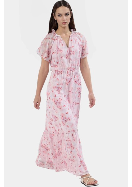 Şifon Maxi Elbise Çiçek Desenli Skater Kalıp Melek Kol Yazlık Modern Stil Seçkin Malzeme