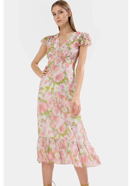 Çiçek Desenli Polyester Şifon Elbise A Kesim Midi Boy Rahat ve Şık Uzun Ömürlü Özenle Seçilmiş