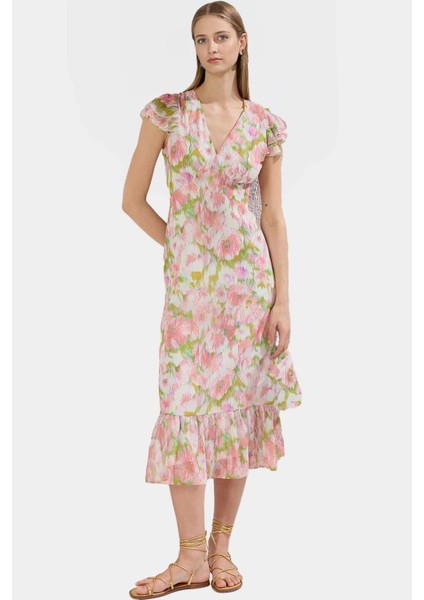 Çiçek Desenli Polyester Şifon Elbise A Kesim Midi Boy Rahat ve Şık Uzun Ömürlü Özenle Seçilmiş modelleri