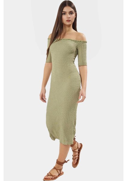 Bodycon Midi Elbise Carmen Yaka Renk Gofre Dokuma Örme Kumaş Uzun Ömürlü Rahat ve Şık fiyatları