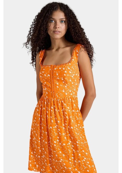 Çiçekli Agraflı Mini Elbise Viskoz Kumaş Skater Kalıp Yazlık Profesyonel Görünüm