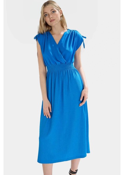 Desenli Midi Elbise Yazlık Rahat Polyester Kruvaze Beli Lastikli Kullanım