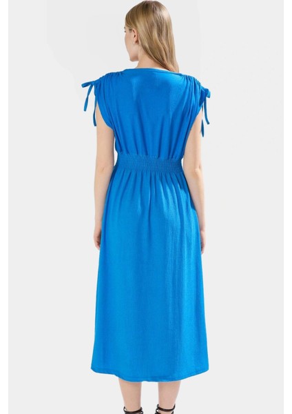 Desenli Midi Elbise Yazlık Rahat Polyester Kruvaze Beli Lastikli Kullanım modelleri