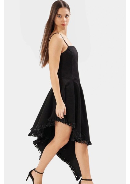 Şık Püsküllü Denim Midi Elbise Pamuk Asimetrik Kare Yaka Günlük Görünüm