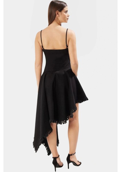 Şık Püsküllü Denim Midi Elbise Pamuk Asimetrik Kare Yaka Günlük Görünüm fiyatları