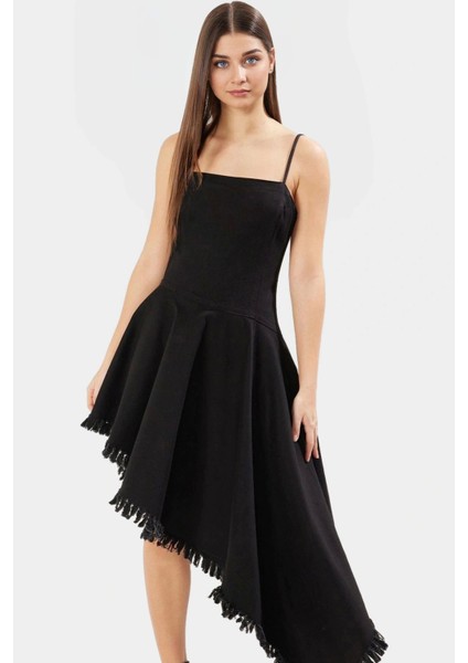 Şık Püsküllü Denim Midi Elbise Pamuk Asimetrik Kare Yaka Günlük Görünüm modelleri