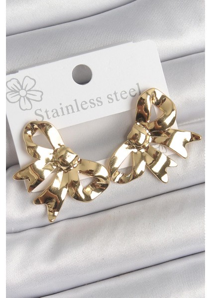 Çelik Gold Renk Kurdele Plaka Model Kadın Küpe