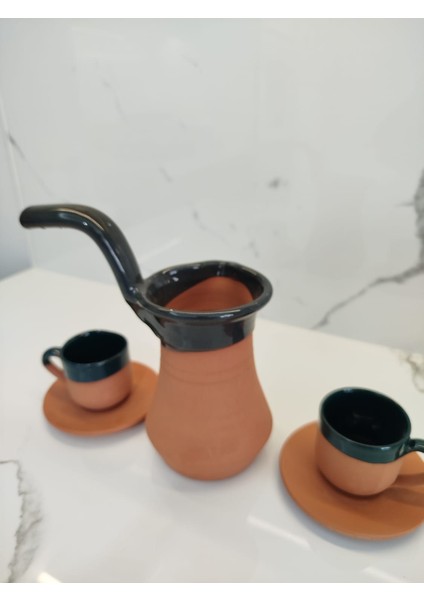 Toprak Içi Sırlı Yeşil 2'li Kahve Fincan Takımı ve Yeşil Renk Cezve