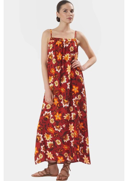 Şık Maxi Elbise Viskoz Kumaş Tropikal Desen Kare Yaka Dayanıklı Malzeme Uzun Ömürlü Modern Stil fiyatları