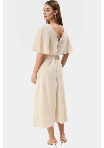 Rahat ve Şık Midi Elbise Astarlı Pelerin Detay Keten Görünümlü Kumaş Mükemmel Uyum