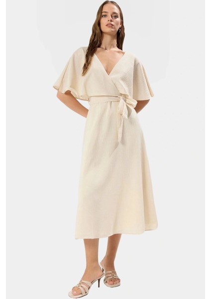 Rahat ve Şık Midi Elbise Astarlı Pelerin Detay Keten Görünümlü Kumaş Mükemmel Uyum fiyatları