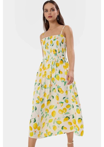 Viskoz Dokuma Midi Elbise Tropikal Desen Skater Kalıp Rahat Yazlık Premium Kalite