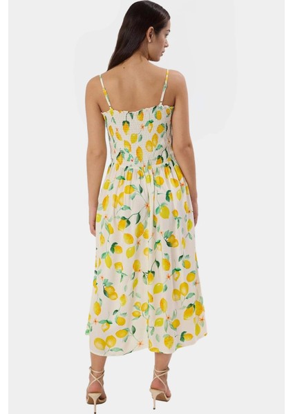 Viskoz Dokuma Midi Elbise Tropikal Desen Skater Kalıp Rahat Yazlık Premium Kalite fiyatları