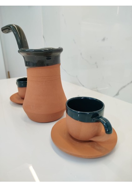 Toprak Içi Sırlı Yeşil 2'li Kahve Fincan Takımı ve Yeşil Renk Cezve
