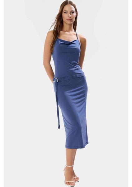 Yazlık Midi Elbise Boyundan Bağlamalı Örme Aksesuar Detaylı Polyester Elastan Özel Tasarım fiyatları