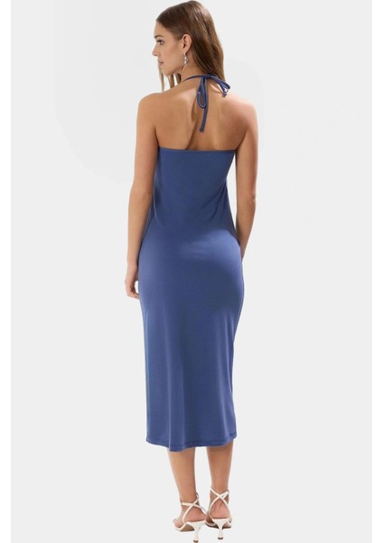 Yazlık Midi Elbise Boyundan Bağlamalı Örme Aksesuar Detaylı Polyester Elastan Özel Tasarım modelleri