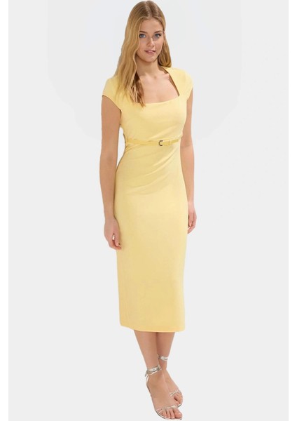 Yazlık Midi Elbise Kemerli Kare Yaka Vücudu Saran Rahat Dokuma Modern Stil Dayanıklı Malzeme