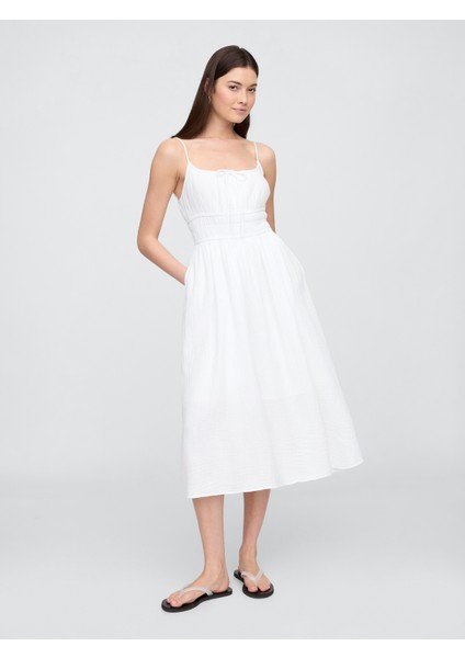 Kadın Beyaz V-Yaka Ön Bağlamalı Maxi Elbise