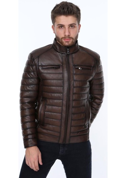 Hakiki Deri Kahverengi Show Işlemeli Erkek Deri Ceket
