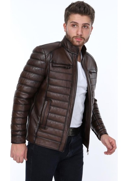 Hakiki Deri Kahverengi Show Işlemeli Erkek Deri Ceket fırsatları