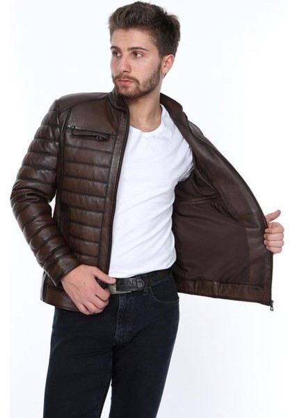 Hakiki Deri Kahverengi Show Işlemeli Erkek Deri Ceket indirimleri
