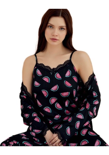 Bellissima Sabahlıklı 3 Lü Set Premium Ip Askılı Kadın Pijama Takımı S/xl