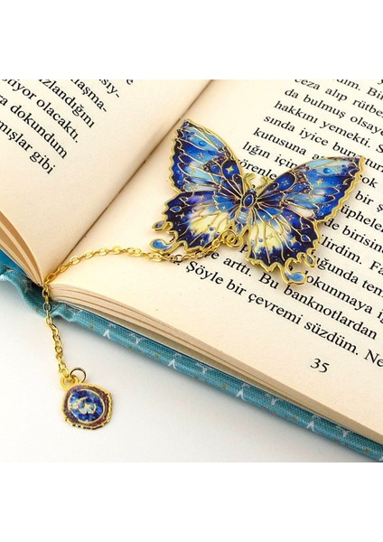 Lacivert Gecetonları Kelebek Altın Rengi Metal Kitap Ayracı Zincirli AY003