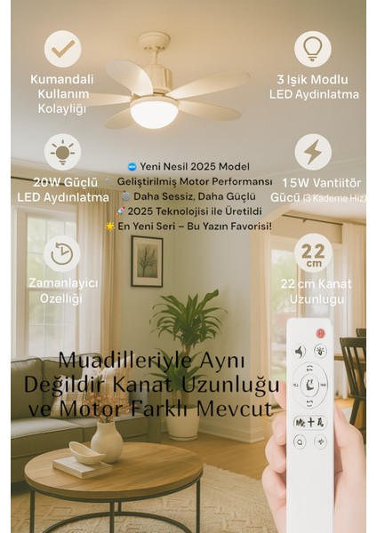 Tavan Vantilatörü Kumandalı LED Işık Fan 3 Renk Vantilator Duy' a Montaj Olur Kolay Kurulum