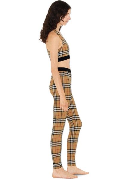 Check Stretch Jersey Bej Kadın Pantolon