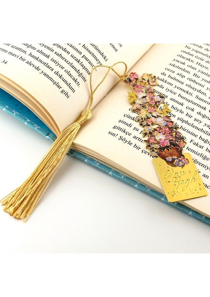 Vincent Van Gogh Pembe Mor Çiçekler Altın Rengi Metal Kitap Ayracı Püsküllü AY010 modelleri