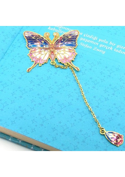 Pembe Mavi Renkler Kelebek Altın Rengi Metal Kitap Ayracı Zincirli AY001 fiyatları