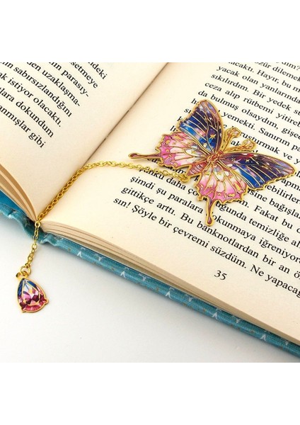 Pembe Mavi Renkler Kelebek Altın Rengi Metal Kitap Ayracı Zincirli AY001 modelleri