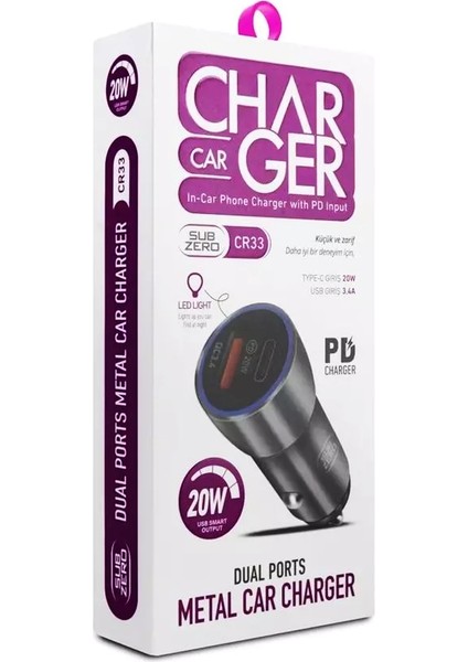 Subzero CR33 20W 3.4A Hızlı Pd+Usb Çıkışlı Metal Ledli Araç Şarj Başlığı