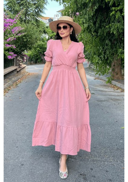 Müslin Kumaş Elbise - Pudra