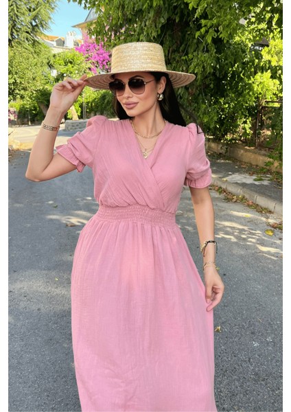 Müslin Kumaş Elbise - Pudra modelleri