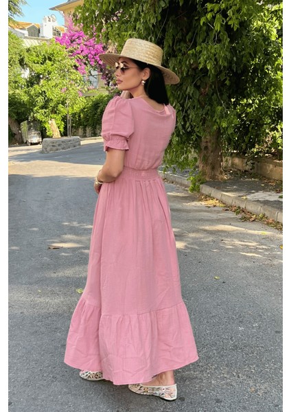 Müslin Kumaş Elbise - Pudra indirimleri