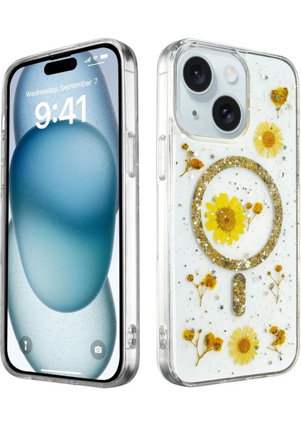 iPhone 14 Kılıf Daisy Simli Magsafe Kapak - Gold - NFND1536-7721