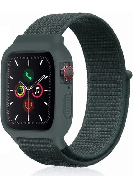 Apple Watch 38MM Hasırlı Cırtcırtlı Kasalı Kordon - Haki Yeşil - TKNAL3959-7141