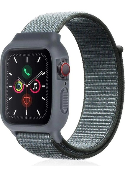 Apple Watch 38MM Hasırlı Cırtcırtlı Kasalı Kordon - Gri-Turkuaz - TKNAL7963-1287