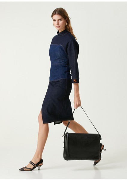 Lacivert Midi Patchwork Denim Elbise