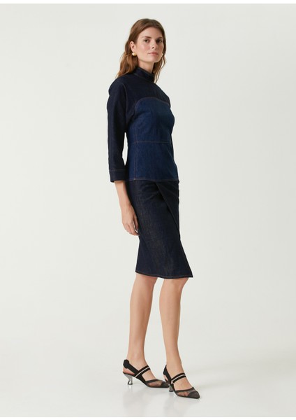 Lacivert Midi Patchwork Denim Elbise