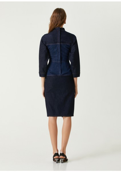 Lacivert Midi Patchwork Denim Elbise