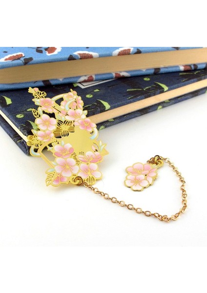 Şeftali Çiçeği Çiçek Dalı Bahar Bookmark Metal Ayraç Kitap Ayracı Zincirli AY042
