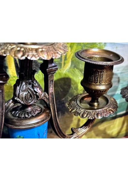 Antika 1800 Ler Fransız Sevres Bronz Işlemeli Şamdan Çifti 21,5 cm Boyunda