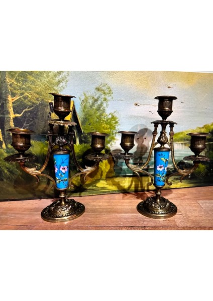 Antika 1800 Ler Fransız Sevres Bronz Işlemeli Şamdan Çifti 21,5 cm Boyunda