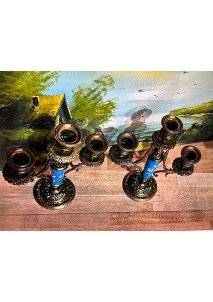 Antika 1800 Ler Fransız Sevres Bronz Işlemeli Şamdan Çifti 21,5 cm Boyunda