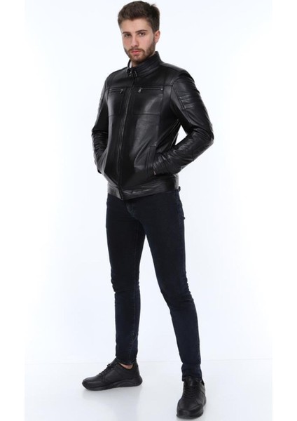 Hakiki Deri Siyah Pique Fermuarlı Erkek Deri Ceket